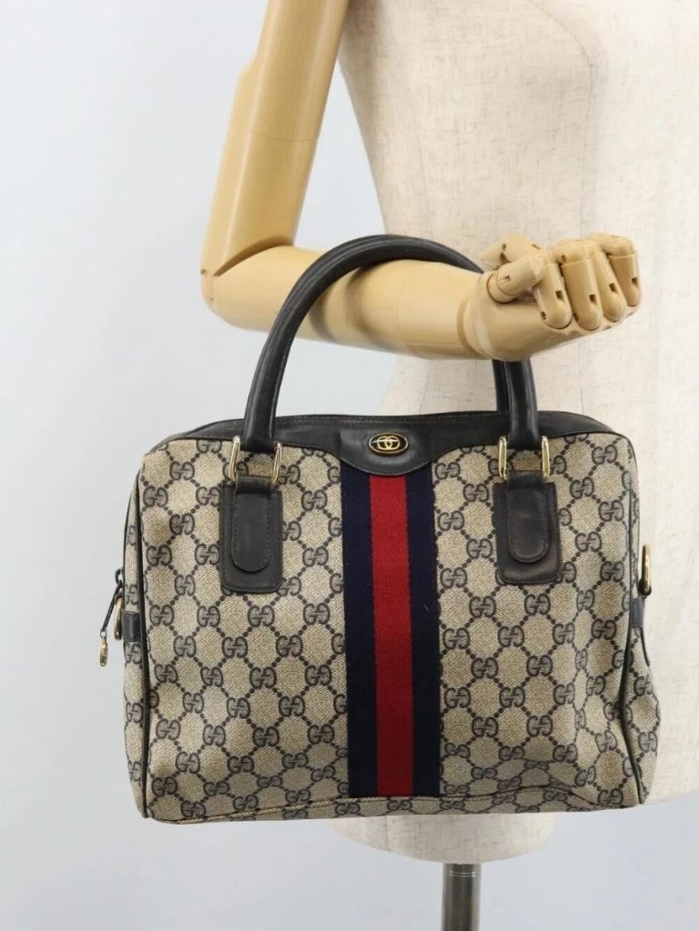 GUCCI GG Supreme Sherry Line Hand Bag PVC Navy Gold Auth ep13353